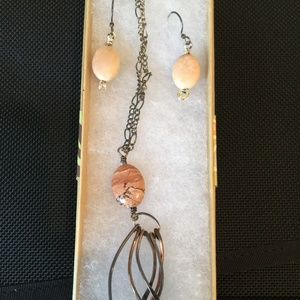 Silver necklace and earring coral color stone set
